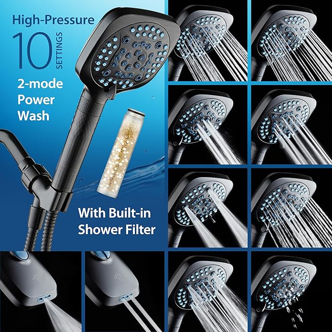 AquaCare 4X High Pressure 10 Spray Mode Filtered Showerhead - Handheld Shower Head Filters Chlorine to Heal Dry Skin, Revive Hair - Dual Power Wash Cleans Tub, Tile, Pets - Hard Water Softener, ORB