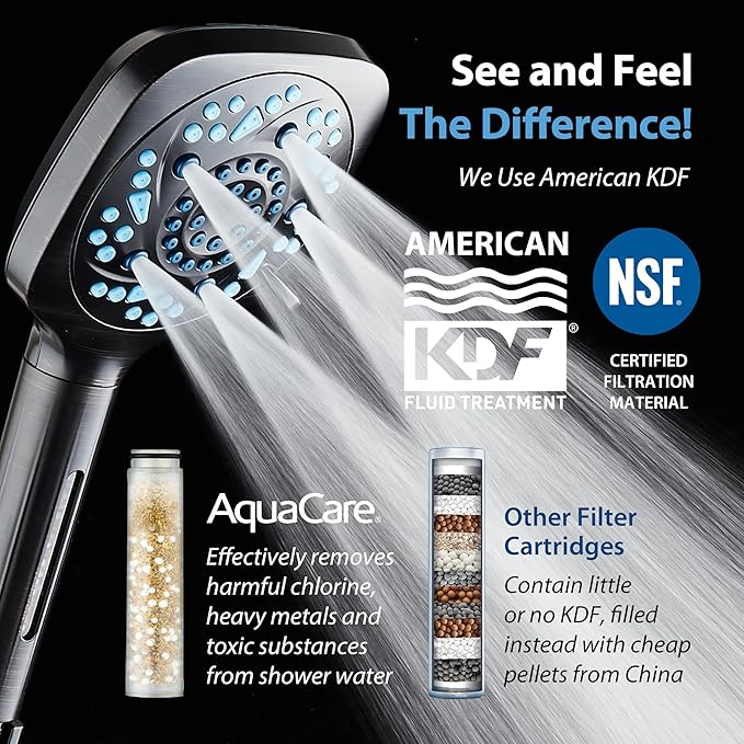 AquaCare High Pressure 10 Spray Mode Filtered Showerhead - Handheld Shower Head Filters Chlorine to Heal Dry Skin, Revive Hair - Dual Power Wash Cleans Tub, Tile, Pets - Hard Water Softener, ORB