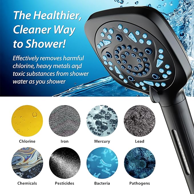 AquaCare High Pressure 10 Spray Mode Filtered Showerhead - Handheld Shower Head Filters Chlorine to Heal Dry Skin, Revive Hair - Dual Power Wash Cleans Tub, Tile, Pets - Hard Water Softener, Black