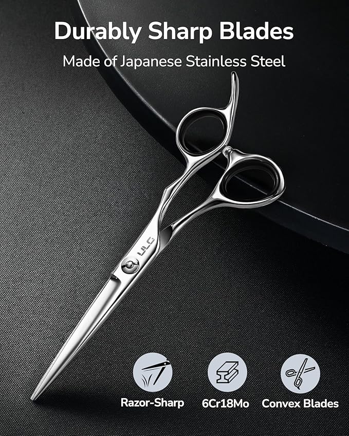 ULG Professional Hair Cutting Scissors 6.5 Inch – Japanese Stainless Steel Barber Shears for Salon & Home Haircut, Ergonomic Offset Handles with Silencer, Hand-Honed Sharp Blades, Silver