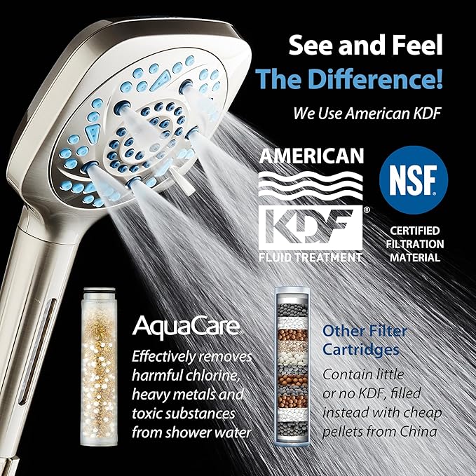 AquaCare High Pressure 10 Spray Mode Filtered Showerhead - Handheld Shower Head Filters Chlorine to Heal Dry Skin, Revive Hair - Dual Power Wash Cleans Tub, Tile, Pets - Hard Water Softener, Nickel
