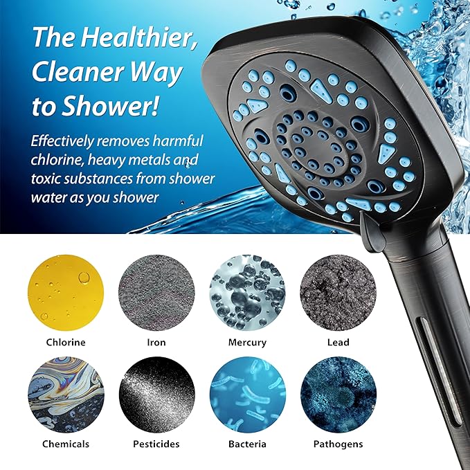 AquaCare High Pressure 10 Spray Mode Filtered Showerhead - Handheld Shower Head Filters Chlorine to Heal Dry Skin, Revive Hair - Dual Power Wash Cleans Tub, Tile, Pets - Hard Water Softener, ORB