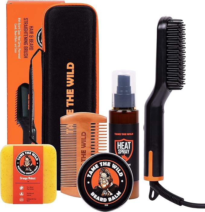 Tame the Wild Premium Beard Grooming Kit - Heated Beard Brush, Straightener Comb, Heat Protectant Spray, Beard Soap, Balm, Wooden Comb, and Storage Case