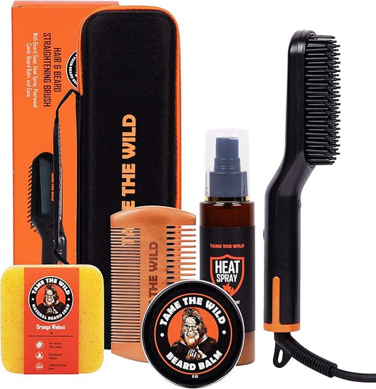 Tame the Wild Premium Beard Grooming Kit - Heated Beard Brush, Straightener Comb, Heat Protectant Spray, Beard Soap, Balm, Wooden Comb, and Storage Case