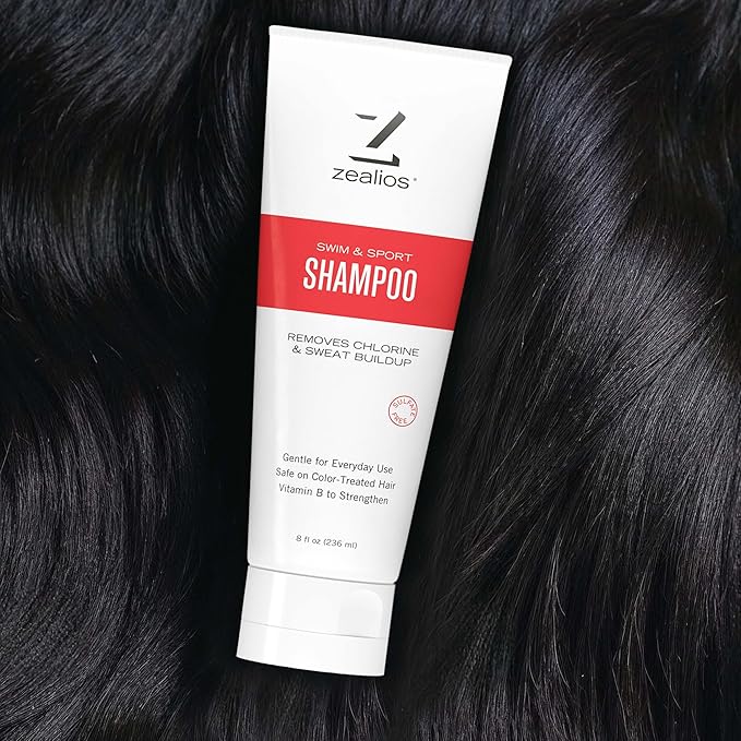 Zealios Swim & Sport Clarifying Shampoo, 8 oz Squeeze Tube for Extremely Damaged Hair, Pool Hair Repair & Protector - Sulfate-Free, Moisturizing Chlorine & Salt Removal, Color-Safe, Citrus Scent