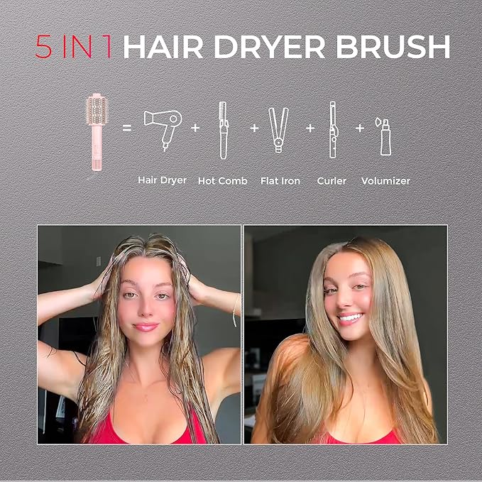 TYMO 3.0 Hair Blow Dryer Brush - Lightweight 3X Faster Drying 5-in-1 Ionic Blowout Hair Dryer Brush with Smoothing Comb & Volumizing Bristles for Anti-Frizz Straight Hair, Curls & Blowouts, Pink